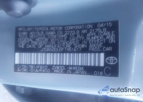 2015 Toyota Prius Two z USA, uszkodzony, nr VIN JTDKN3DU0F1951617